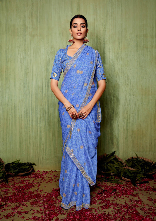 Blue Chiffon Foil Printed Bandhani Saree