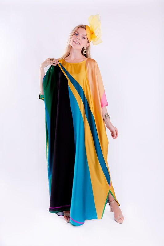 Multicolor Printed Satin Silk Party Wear Kaftan