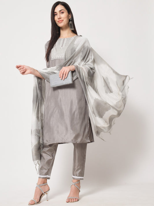 Grey Colour South Silk Embroidery Work Casual Wear Kurta Pant Dupatta Set For Women's