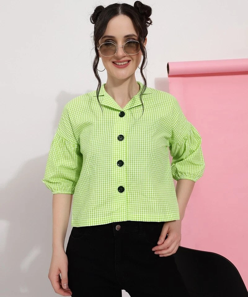 Green Colour Casual Wear Check Printed Shirt For Women