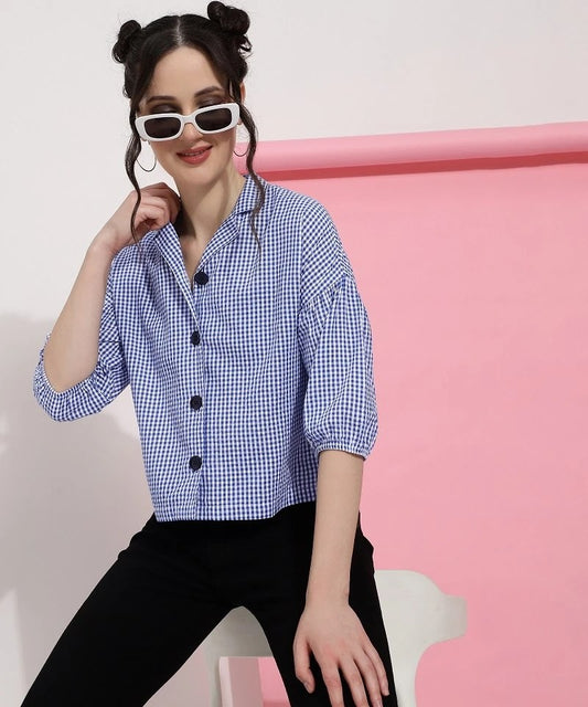 Blue Colour Casual Wear Check Printed Shirt For Women