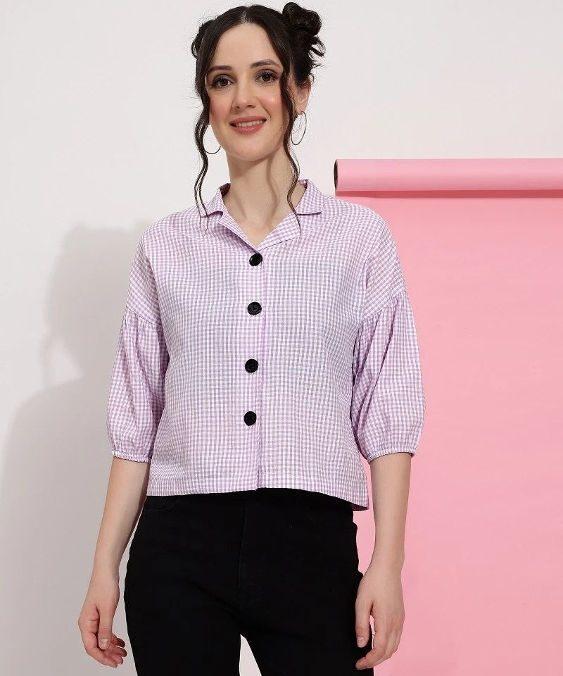 Lavender Colour Casual Wear Check Printed Shirt For Women