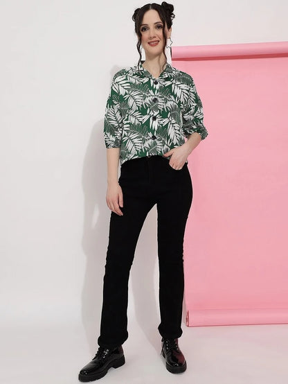 Green Colour Casual Wear Crepe Printed Shirt For Women
