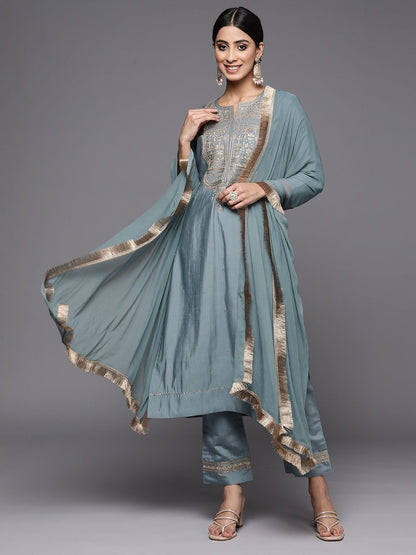 Grey Viscose Chanderi Party Wear Embroidery Worked Kurta With Pant And Duppata Set