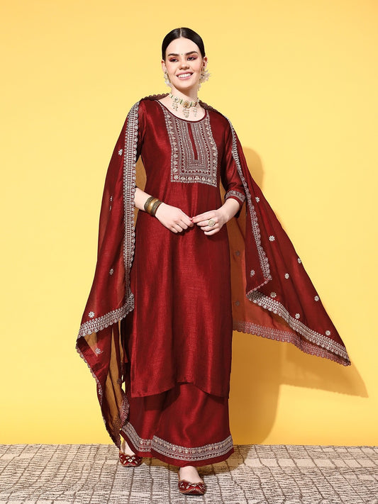 Red Party Wear Embroidery Worked Kurta With Pant And Duppata Set