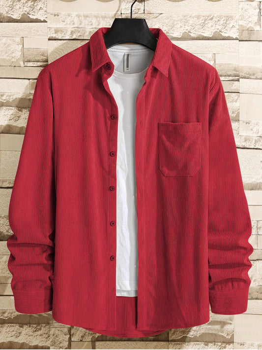 Charming Red  Men Corduroy Solid Shirt With Pocket