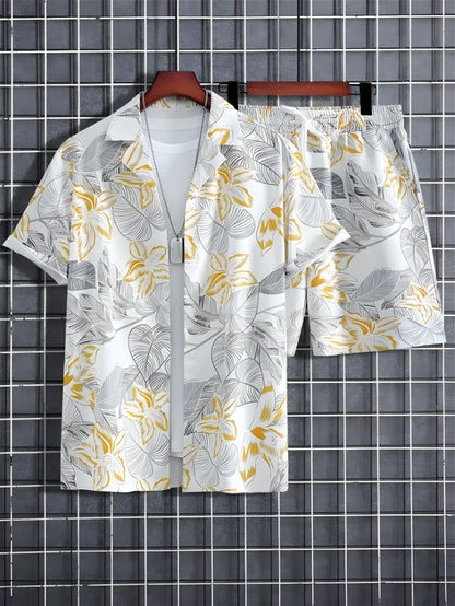 Floral Print Men's Shirt And Shorts Set Short Sleeve