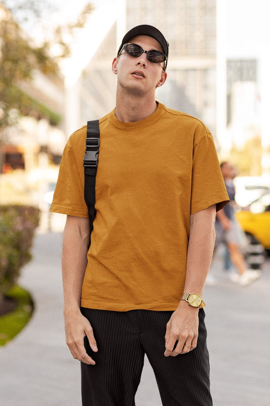 Mustard Yellow Oversized Fit Crew-Neck Cotton T-Shirt for Men
