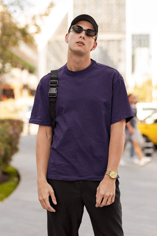 Purple Oversized Fit Crew-Neck Cotton T-Shirt for Men