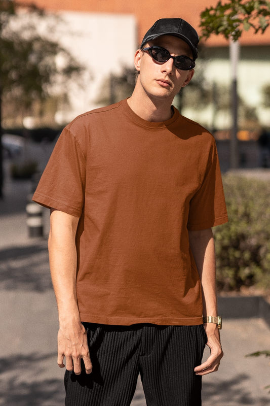 Brown Oversized Fit Crew-Neck Cotton T-Shirt for Men