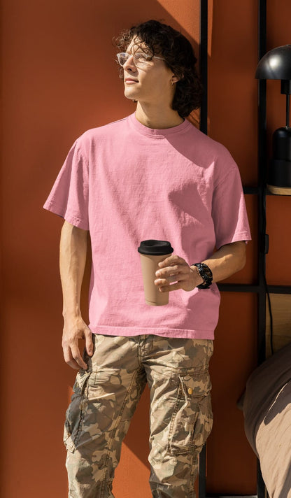 Light Pink Oversized Fit Crew-Neck Cotton T-Shirt for Men