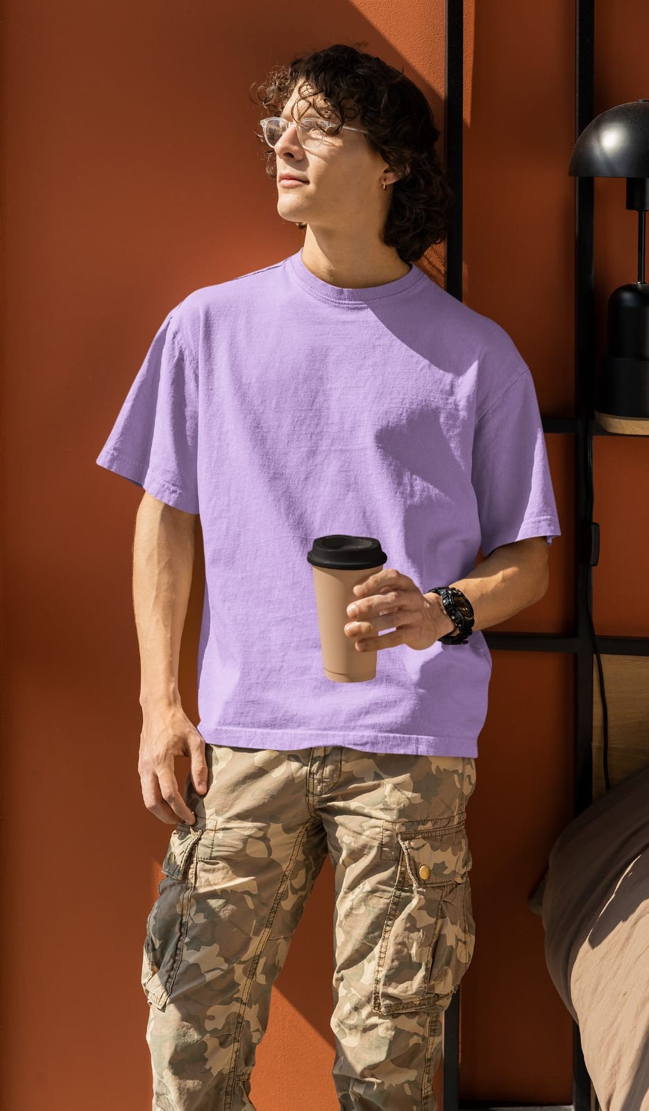 Lavender Oversized Fit Crew-Neck Cotton T-Shirt for Men