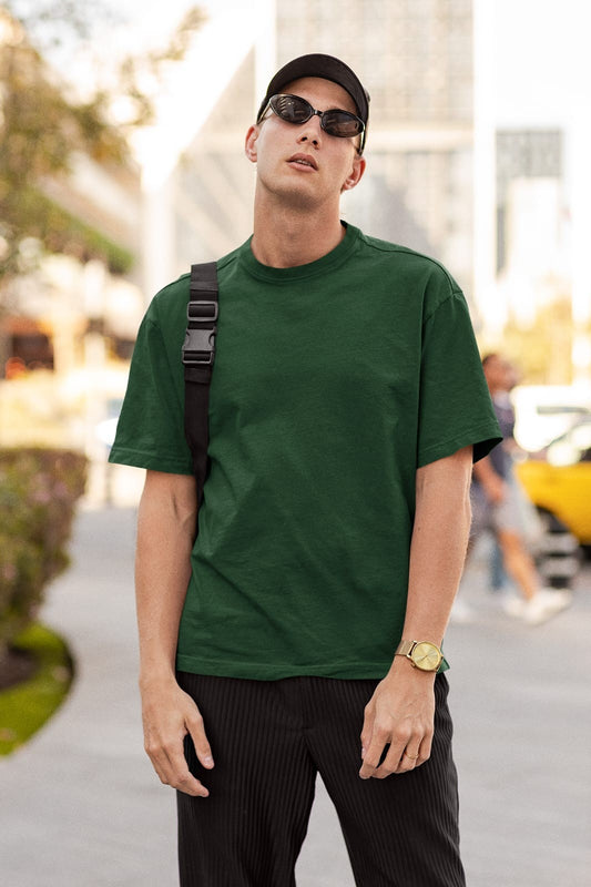 Bottle Green Oversized Fit Crew-Neck Cotton T-Shirt for Men