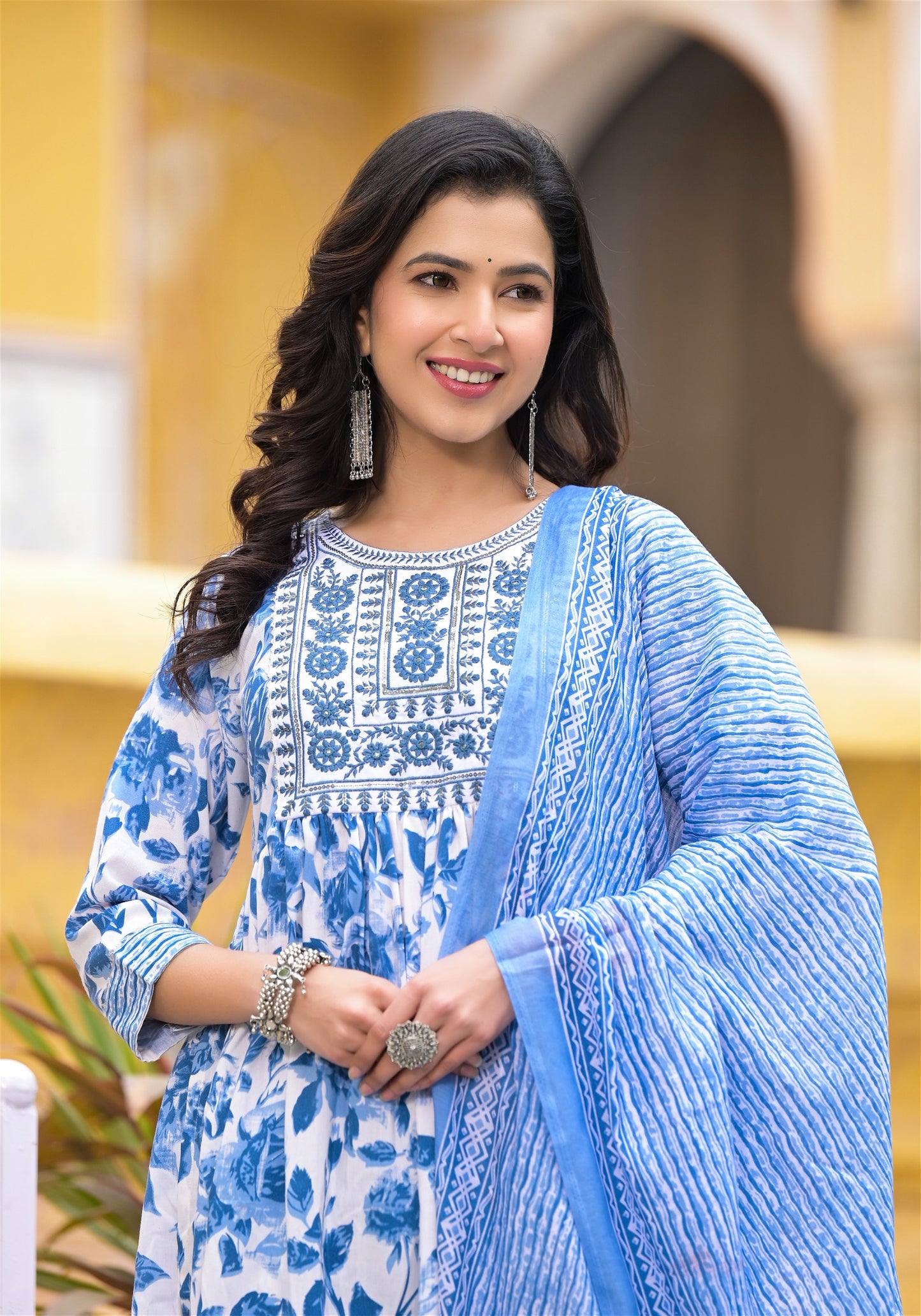 Blue and White Simple Daily Wear Kurta Set for Women