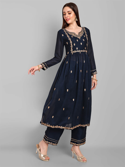 Women Embroidered Vichitra Silk kurta Pant set in Navy Blue Color