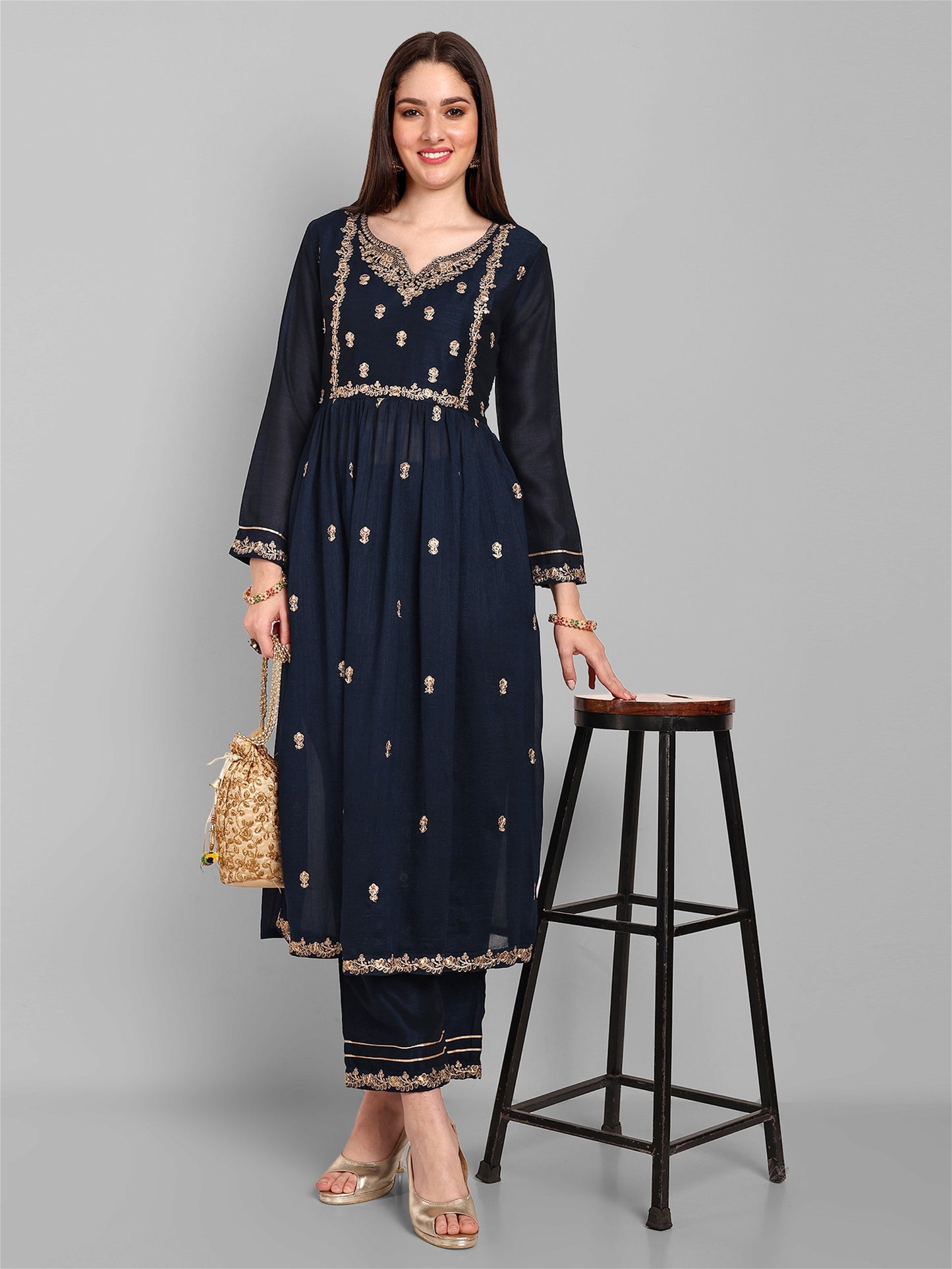 Women Embroidered Vichitra Silk kurta Pant set in Navy Blue Color
