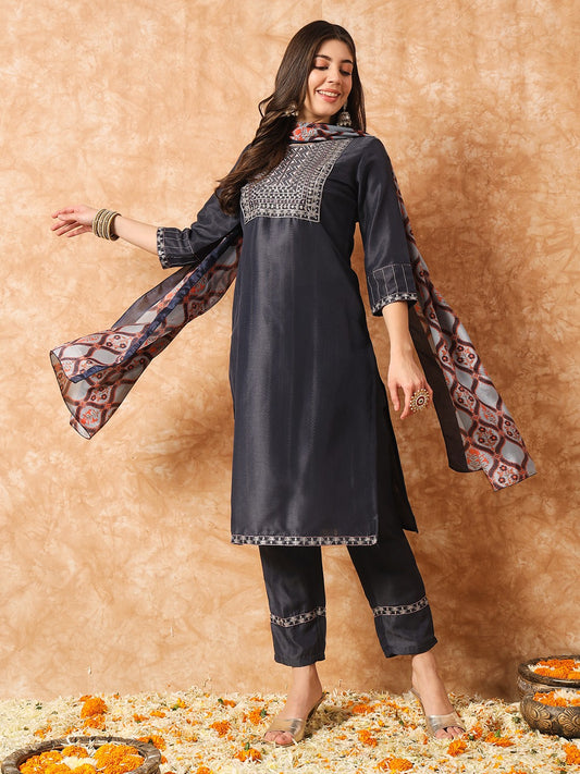 Designer Sequence Embroidery Work Chinon Kurta with Trousers & Dupatta