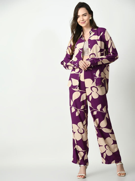 Classic Purple Shirt and Trousers Cotton Wear Co-Orde set for Women
