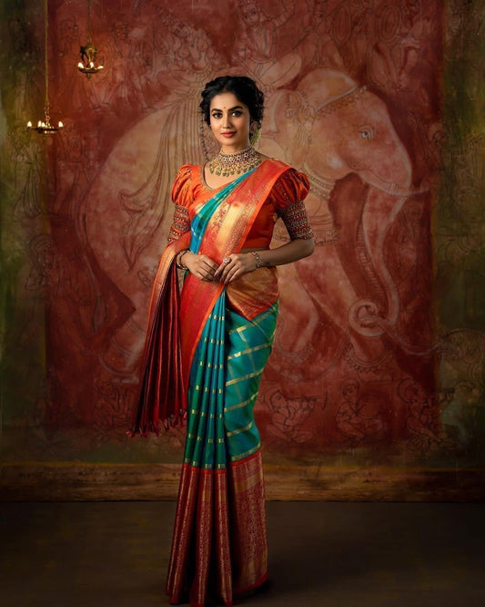 Beautiful Banarasi Multicolour Soft Lichi Silk Saree - alagappa group's