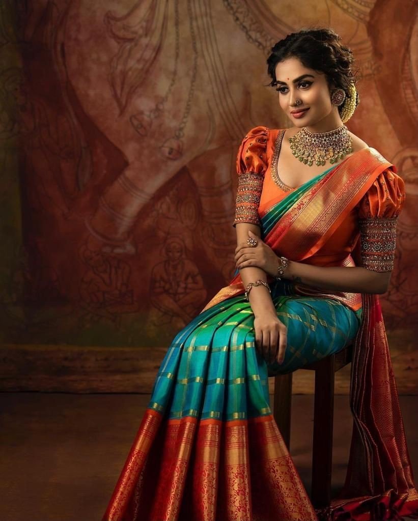 Beautiful Banarasi Multicolour Soft Lichi Silk Saree - alagappa group's